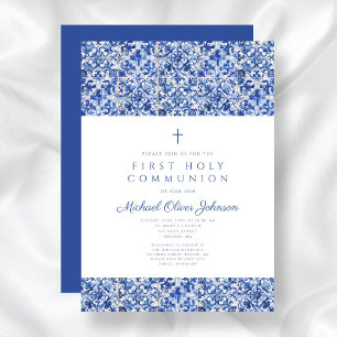 Elegant Cross Blue Tiles Boy First Communion Invitation