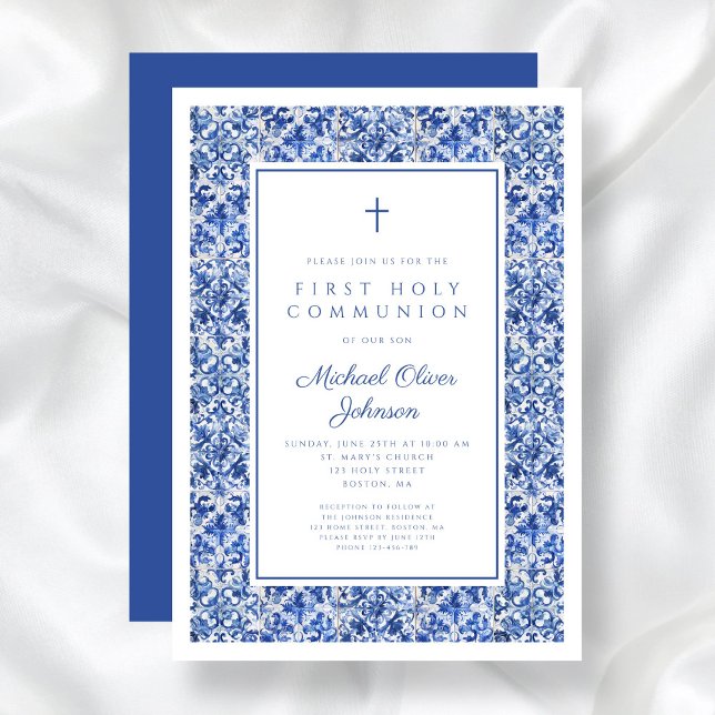 Elegant Cross Blue Tiles Boy First Communion Invitation (Elegant Cross Blue Tiles Boy First Communion Invitation)