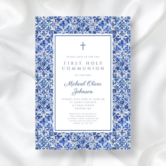 Elegant Cross Blue Tiles Boy First Communion Invitation (Elegant Cross Blue Tiles Boy First Communion Invitation)
