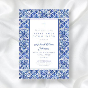 Elegant Cross Blue Tiles Boy First Communion Invitation
