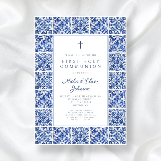 Elegant Cross Blue Tiles Boy First Communion Invitation (Elegant Cross Blue Tiles Boy First Communion Invitation)
