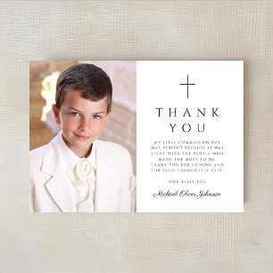 Elegant Cross Boy First Communion Photo Thank You Card