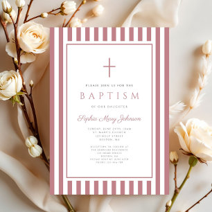 Elegant Cross Dusty Pink Girl Baptism Invitation