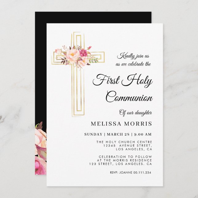 elegant cross first holy communion invitation (Front/Back)
