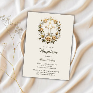 Elegant Cross Floral Wreath Classic Baptism  Invitation