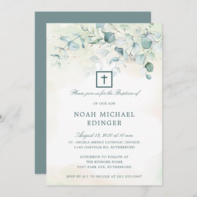 Elegant Cross Greenery Eucalyptus Baptism Invitation (Front/Back)