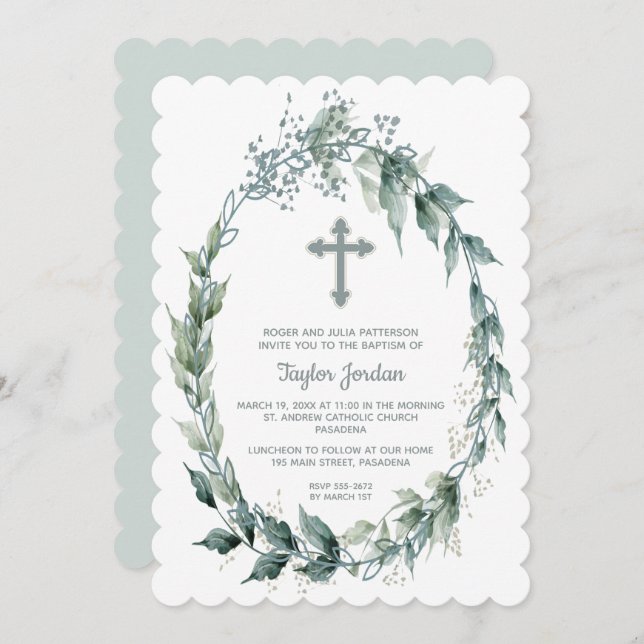 Elegant Cross Greenery Wreath Baptism Invite (Front/Back)