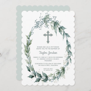 Elegant Cross Greenery Wreath Baptism Invite