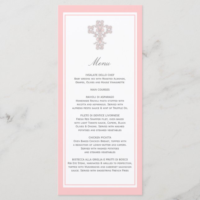 Elegant Cross in Pink Menu Page Rack Card (Front)