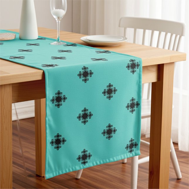 Elegant Cross Motif in Black and Pastel Teal Blue Long Table Runner (Creator Uploaded)