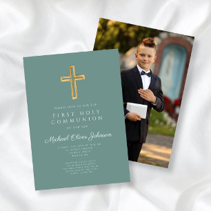 Elegant Cross Photo Boy First Communion Invitation