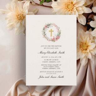 Elegant Cross Pink Floral Baby Girl Baptism  Invitation