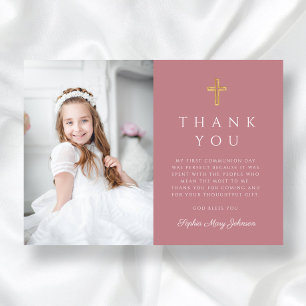 Elegant Cross Pink Girl Photo First Communion Thank You Card