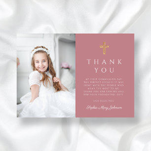 Elegant Cross Pink Girl Photo First Communion Thank You Card