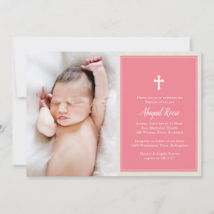 Elegant Cross Pink Photo Baptism Christening Invitation
