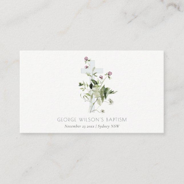 Elegant Cross Purple Wildflower Floral Baptism Place Card (Front)
