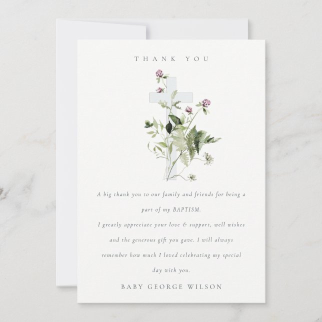 Elegant Cross Purple Wildflower Floral Baptism Thank You Card (Front)