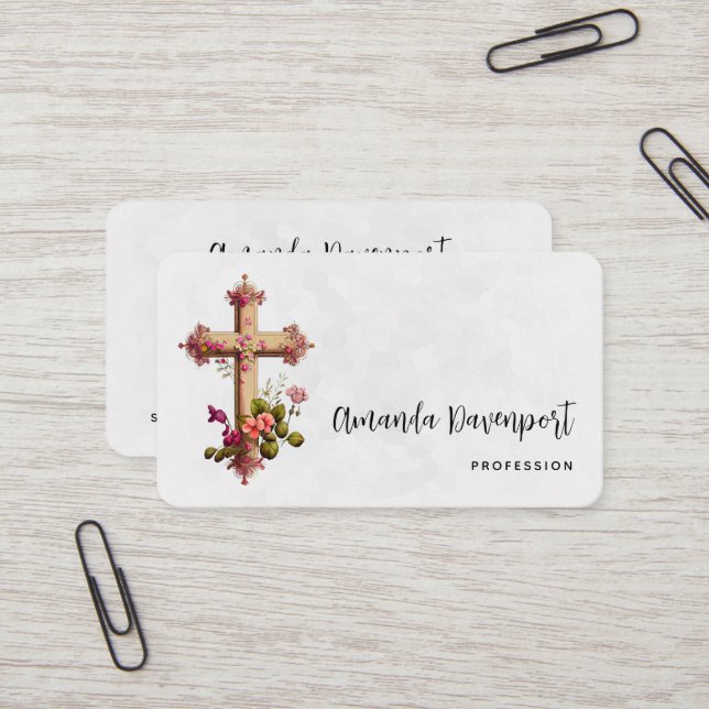 Elegant Cross with Pink Flowers Business Card (Front/Back In Situ)