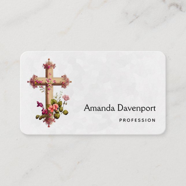 Elegant Cross with Pink Flowers Business Card (Front)