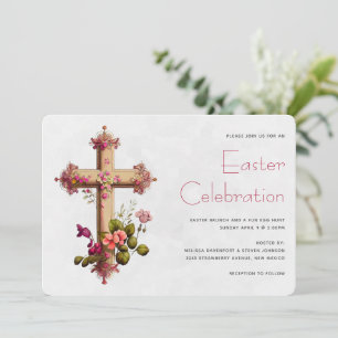 Elegant Cross with Pink Flowers Easter Invitation