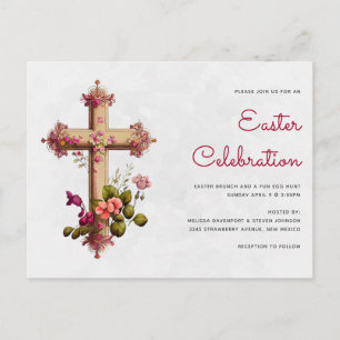 Elegant Cross with Pink Flowers Easter Party Postcard