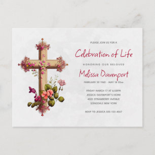 Elegant Cross with Pink Flowers Memorial Invite Postcard