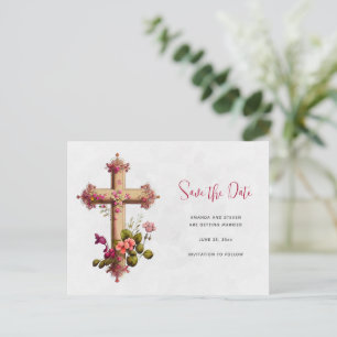 Elegant Cross with Pink Flowers Save the Date Invitation Postcard