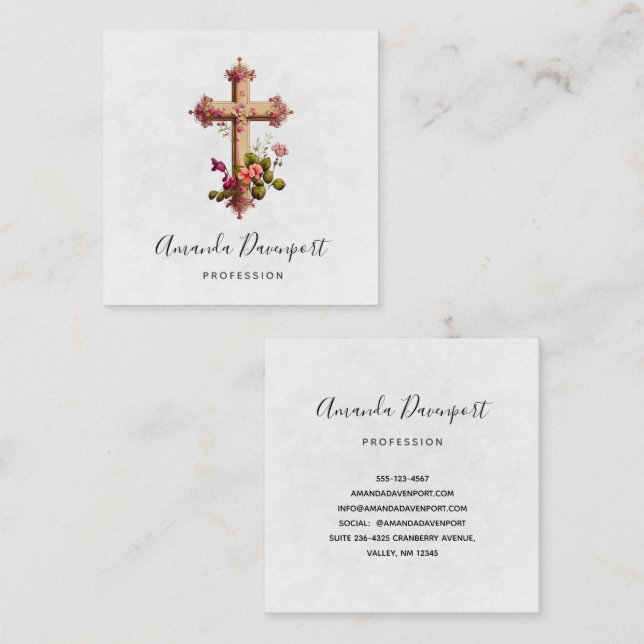 Elegant Cross with Pink Flowers Square Business Card (Front/Back)