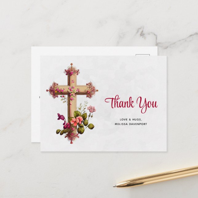 Elegant Cross with Pink Flowers Thank You Postcard (Front/Back In Situ)