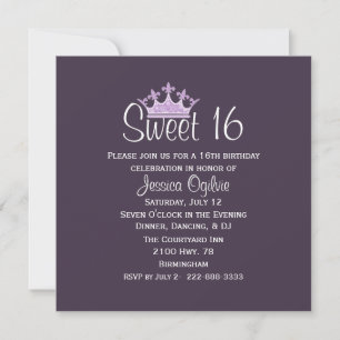Elegant Crown Dark Plum Sweet 16 Birthday Invitation