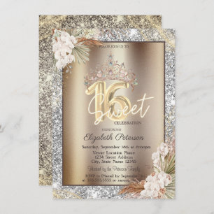 Elegant Crown Flowers Sparkle Glitter Sweet 16   Invitation