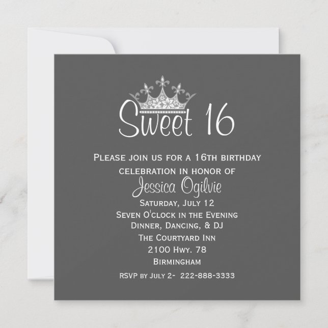 Elegant Crown Grey & White Sweet 16 Birthday Invitation (Front)