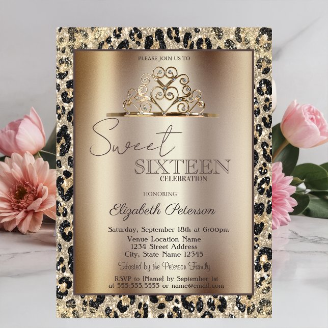 Elegant Crown Leopard Print Sweet 16   Invitation (Creator Uploaded)