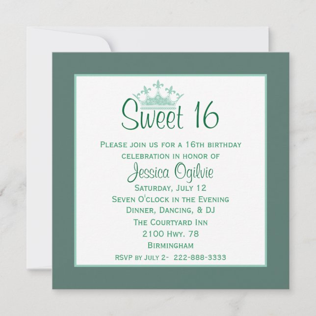Elegant Crown Mint & White Sweet 16 Birthday Invitation (Front)