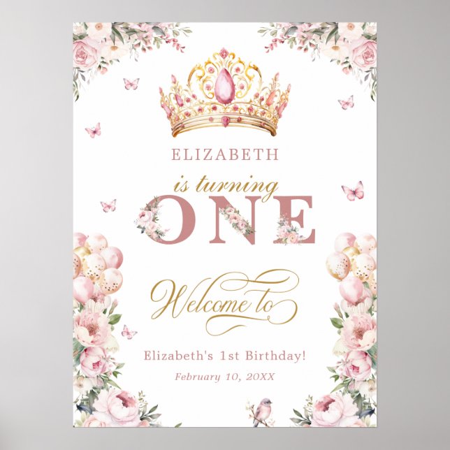 Elegant Crown Princess Girl 1st Birthday Welcome  Poster (Front)