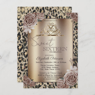 Elegant Crown Roses Leopard Print Sweet 16   Invitation