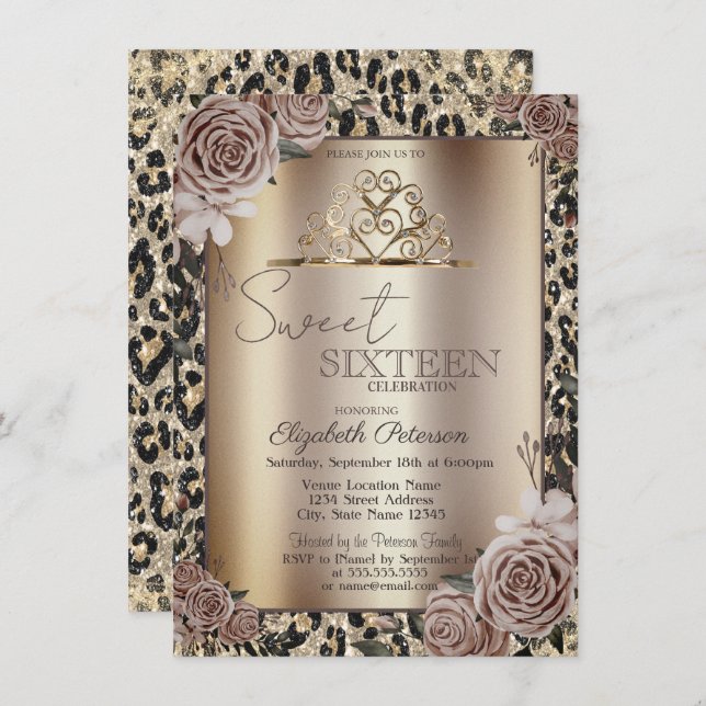 Elegant Crown Roses Leopard Print Sweet 16   Invitation (Front/Back)