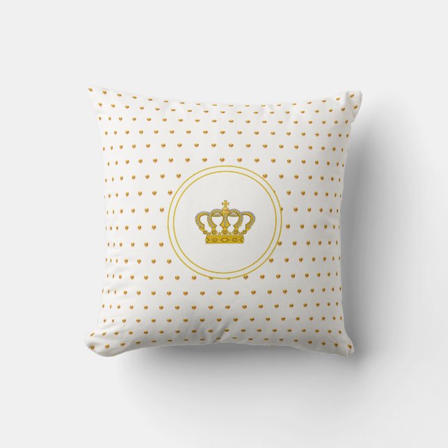 Elegant  Crown & Small Gold Polka Dots on White Cushion (Front)