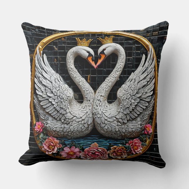 Elegant Crowned Swans Decorative Romantic Accent Cushion (Front)