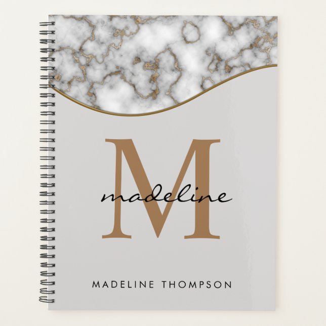 Elegant Crusted Gold Marble Black Grey Monogram 3 Planner (Front)
