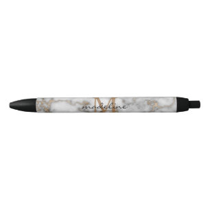 Elegant Crusted Gold Marble Black Grey Monogram Black Ink Pen