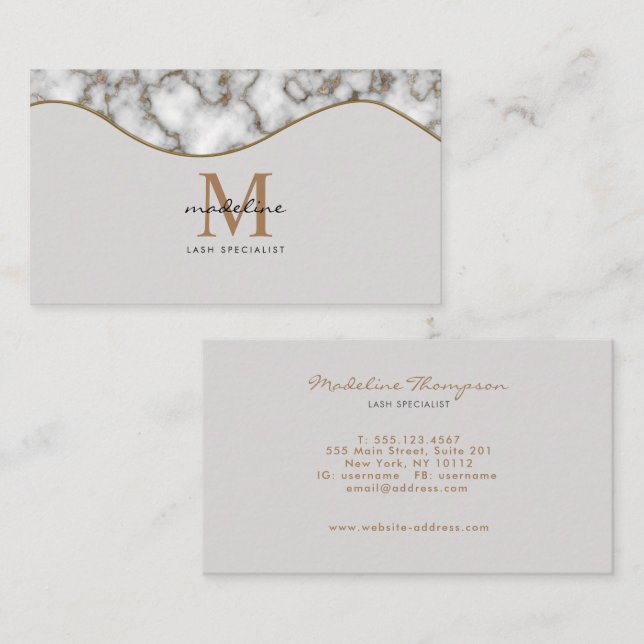 Elegant Crusted Gold Marble Black Grey Monogram Business Card (Front/Back)