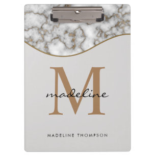 Elegant Crusted Gold Marble Black Grey Monogram Clipboard