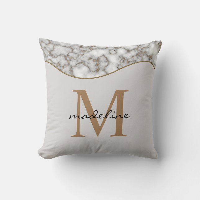 Elegant Crusted Gold Marble Black Grey Monogram Cushion (Front)