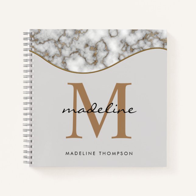 Elegant Crusted Gold Marble Black Grey Monogram Notebook (Front)