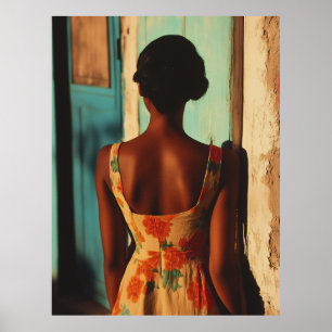 Elegant Cuban Woman Floral Dress at Golden Hour Poster
