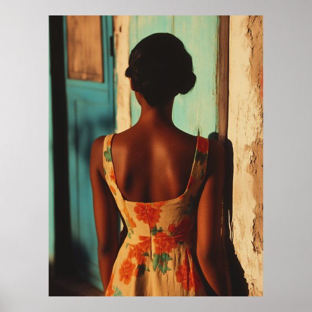 Elegant Cuban Woman Floral Dress at Golden Hour Poster (Front)