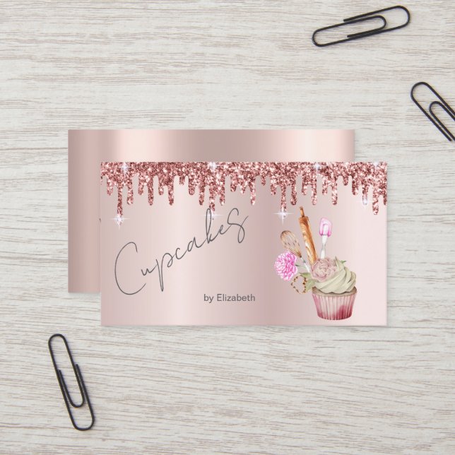 Elegant Cupcake Bakery Tools Rose Gold Drips  Business Card (Front/Back In Situ)