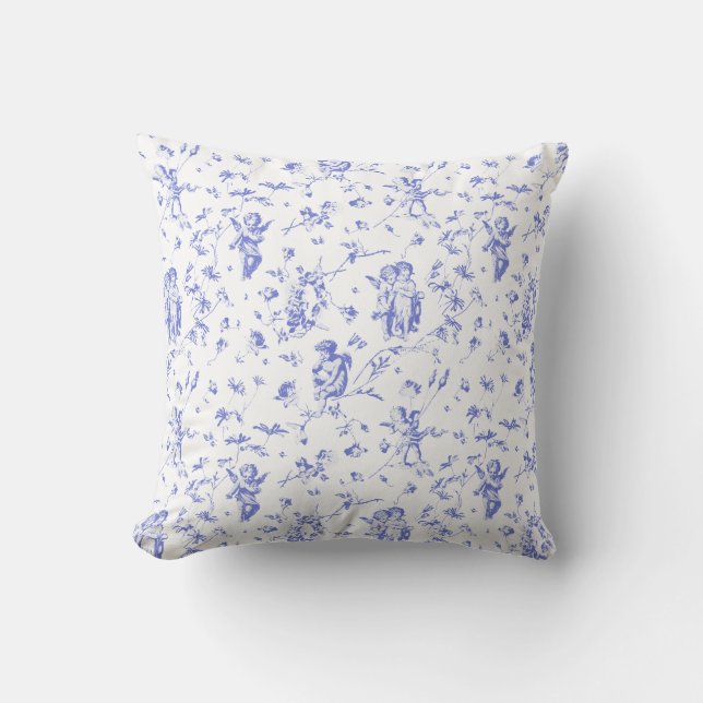 Elegant Cupid Angels Blue White Floral Toile Cushion (Front)