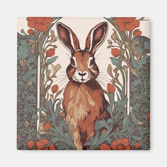 Elegant Curious Hare William Morris Inspired Magnet (Front)